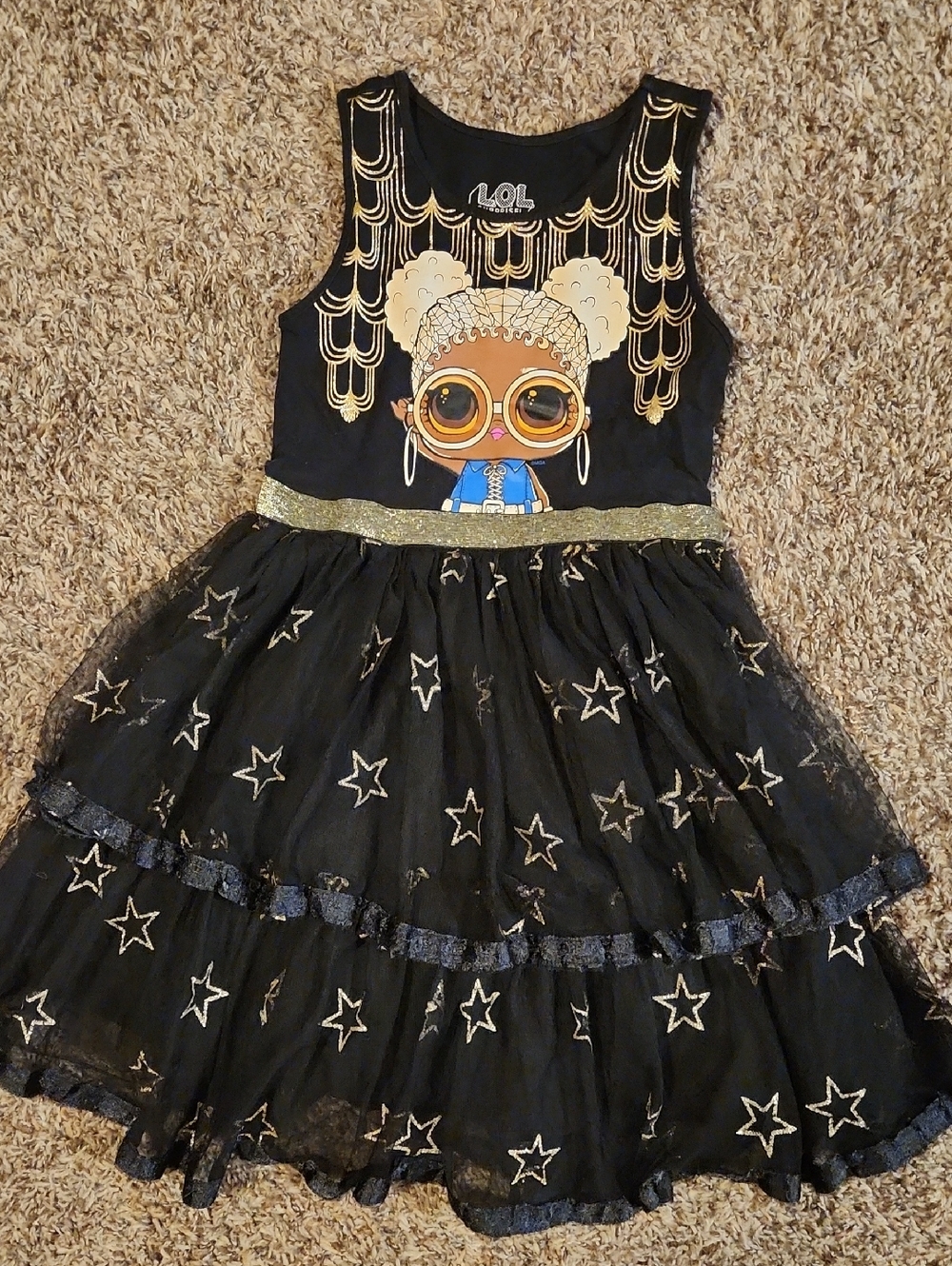L.O.L. Surprise! Black & Gold Star Tulle Dress with Character Print